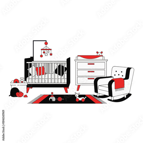 A vector illustration of a baby nursery interior. Minimalist flat design of a room with a crib, changing table, and rocking chair. Home furniture for a newborn concept