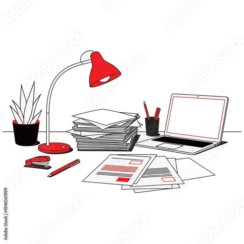 A minimalist line art illustration of a home office desk with paperwork. Remote work, study, and business concept vector. Isolated graphic element