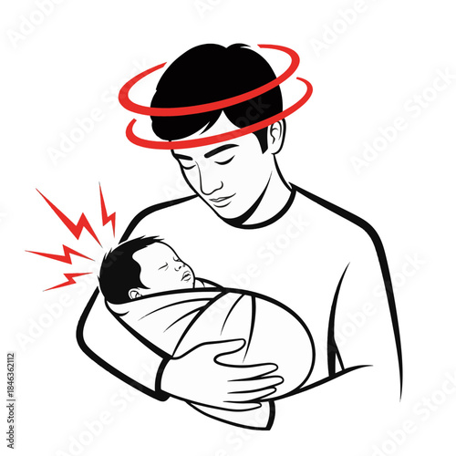 A tired father holding a crying newborn baby. Postpartum stress and parenthood challenges concept. Simple line art vector illustration