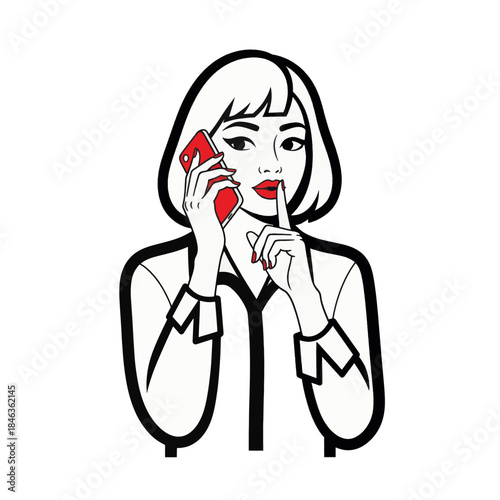 Pop art illustration of a woman making a shush gesture while on the phone. Retro comic style vector graphic representing a secret conversation or gossip.