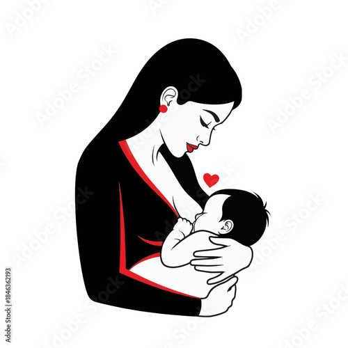 A stylized vector illustration of a mother breastfeeding her baby. Motherhood and lactation support icon. Minimalist graphic logo for maternal health and childcare concepts.