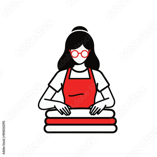 Mother doing laundry illustration. Woman in an apron folding a stack of clean clothes. Flat design vector icon for housekeeping services