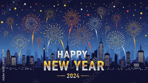 Happy New Year 2024 Celebration: Sparkling fireworks erupt above a silhouetted cityscape, heralding the arrival of a fresh New Year. The vibrant display dances across the night sky.