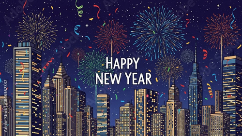 New Year Fireworks Extravaganza in Cityscape: A vibrant display of fireworks explodes over a city skyline at night, accompanied by celebratory confetti, all under a beautifully starry sky.