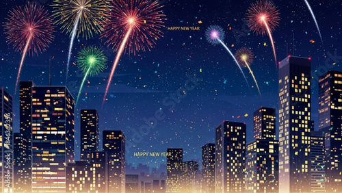 City Fireworks Spectacle: A vibrant cityscape lights up the night sky with a dazzling display of fireworks, celebrating the arrival of the new year with joyful explosions and illuminated towers.