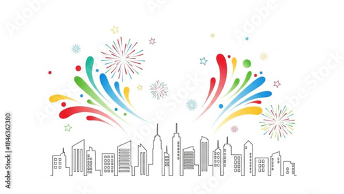 Celebration over Cityscape: A vibrant display of fireworks explodes above a cityscape, painting the night sky with streaks of color.