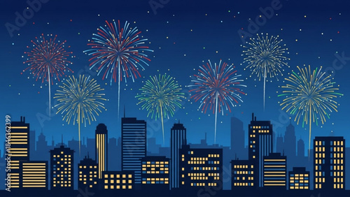 City Fireworks Spectacle: Capturing the vibrant bursts of fireworks illuminating the night sky above a cityscape, celebrating a special occasion. 