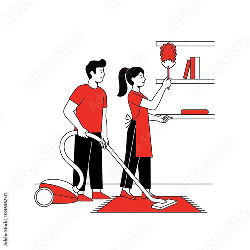 Man and woman cleaning house together. Household chores and teamwork concept. Line art vector illustration isolated on transparent background