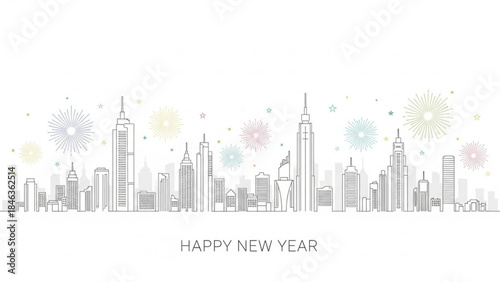 New Year City Celebration: An illustrative depiction of a skyline celebrating the new year with fireworks illuminating the cityscape, creating a festive atmosphere.