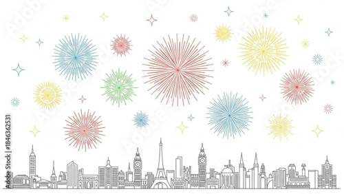 Celebration Skyline: A vibrant city skyline adorned with a dazzling array of colorful explosions, creating a visual symphony of joy.