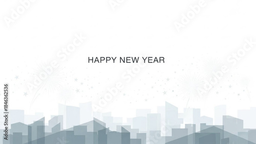 New Year's Greetings Over Cityscape: A minimalistic, modern design conveys the spirit of a new year, with the phrase Happy New Year elegantly displayed over a stylized city silhouette.