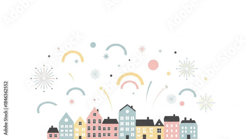 City Fireworks Display: A cheerful celebration of vibrant city life, with colorful fireworks bursting above a quaint townscape, creating a joyful spectacle. 