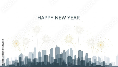 New Year Cityscape: A festive cityscape silhouette against the backdrop of vibrant fireworks, accompanied by Happy New Year text, embodying a time of new beginnings and celebrations.