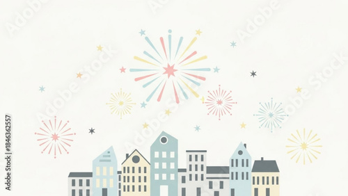 Cityscape Celebration: Colorful fireworks explode above a charming cityscape, a vibrant display of joy and festivity.
