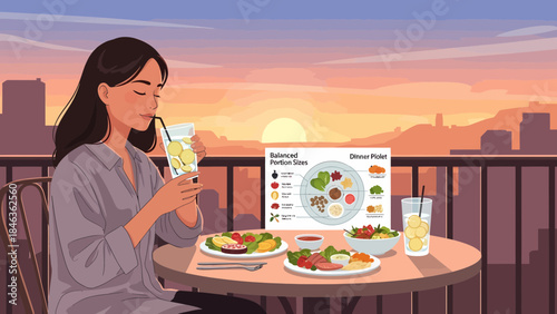 Woman Eating Healthy Meal on Balcony.