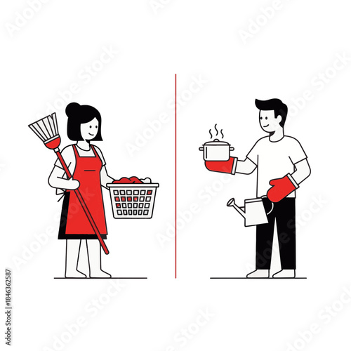 Division of household tasks illustration. Man and woman doing chores. Flat design vector graphic isolated on transparent background
