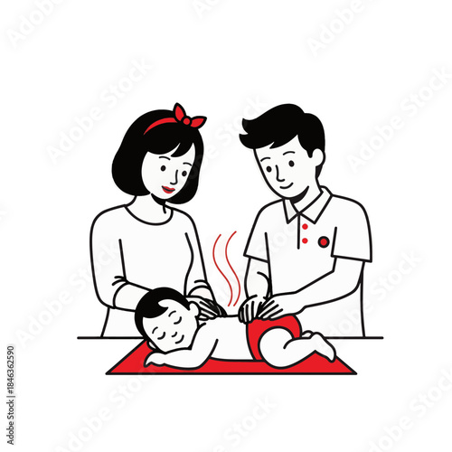 Parents giving baby massage. Family infant care and wellness concept. Minimalist line art vector illustration isolated on transparent background
