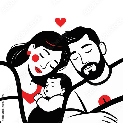 Minimalist flat design vector illustration of a family. Parents embracing a sleeping baby with a heart symbol. Isolated on transparent background