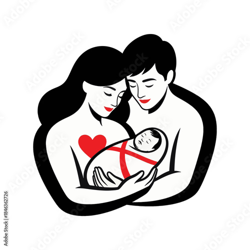 Minimalist vector illustration of parents holding a newborn baby. Family love and care concept. Isolated on transparent background