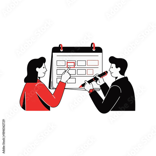 Business people scheduling appointment on calendar. Flat design vector illustration. Time management and planning concept. Isolated graphic