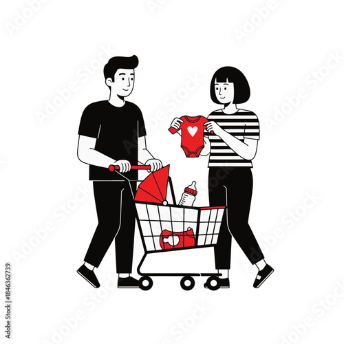 Parents shopping for baby items. Minimalist line art vector illustration. Isolated on transparent background