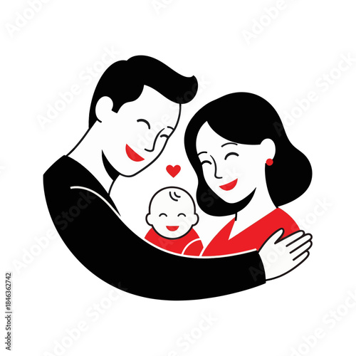 Happy family vector illustration. Parents embracing baby with love. Minimalist flat design graphic isolated on transparent background