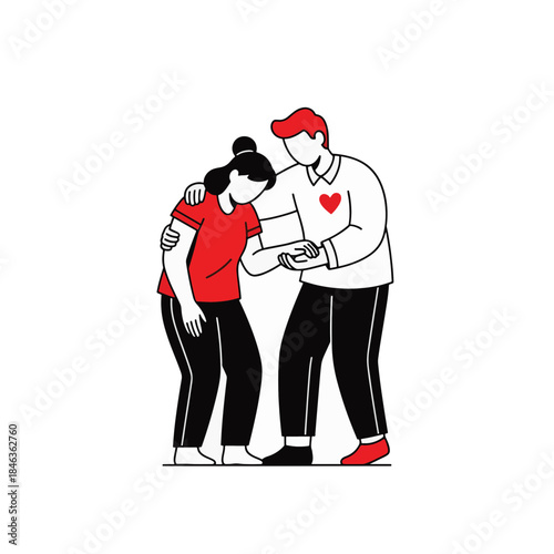 Man supporting distressed woman. Empathy and care concept. Minimalist line art vector illustration isolated on transparent background