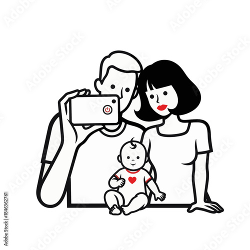 Family selfie vector illustration. Parents taking a picture with baby and smartphone. Minimalist line art graphic isolated on transparent background