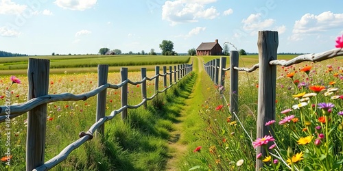 Fototapeta Naklejka Na Ścianę i Meble -  A rustic wooden fence meanders through a field of wildflowers, leading towards a distant farmhouse,  summer,  meadow