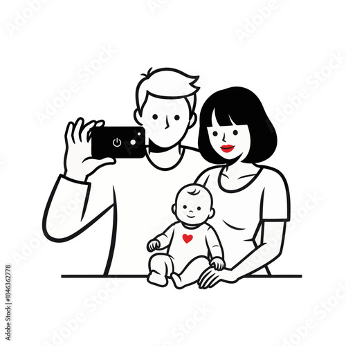 Family taking selfie with smartphone. Parents and baby line art vector illustration. Isolated on transparent background