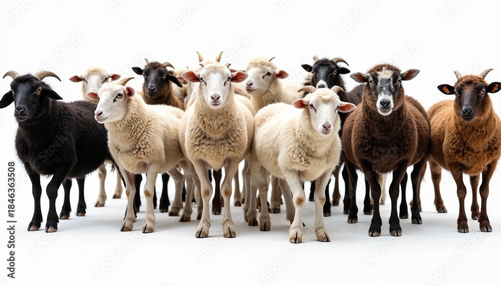 Fototapeta premium Diverse flock of sheep including black brown and white animals stands together. These farm animals show variety in wool color and texture. A group of sheep waits patiently on a plain background.