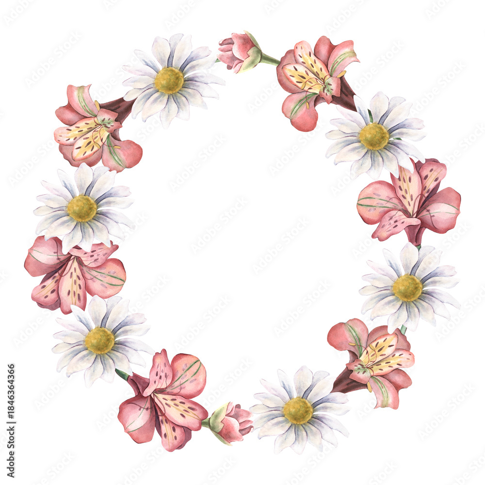 Obraz premium Wreath with alstroemeria flowers, carnations, peony buds. Hand-painted watercolor illustration isolated on white background for wedding invitations, branding, packaging, cards, floral design projects.