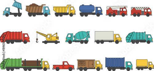 Cartoon truck vehicles collection, construction service transport trucks, dump fire crane mixer garbage cargo, colorful flat vector illustration set