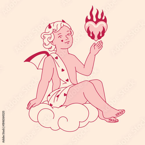 An isolated element of a devil Cupid with a flaming heart in a dark romance style. Perfect as a clipart, sticker, or a line art logo graphic for alternative Valentine's Day designs.