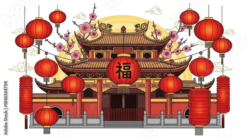 A traditional chinese temple entrance with red lanterns and cherry blossoms, symbolizing good fortune and prosperity in an ornate