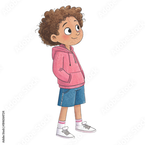 Cute cartoon illustration of a smiling little boy with curly brown hair, wearing a white hoodie vector
