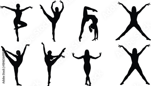Female dance silhouettes collection showing graceful ballet and modern dance poses isolated on white background, artistic movement black vector illustration set