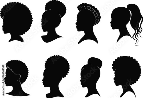 Female head profile silhouettes collection, afro curly braided ponytail hairstyles, side view women faces, anonymous beauty icons, black vector set