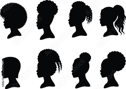 Female head profile silhouettes collection, diverse afro curly hairstyles, side view women faces, anonymous beauty icons, black flat vector set