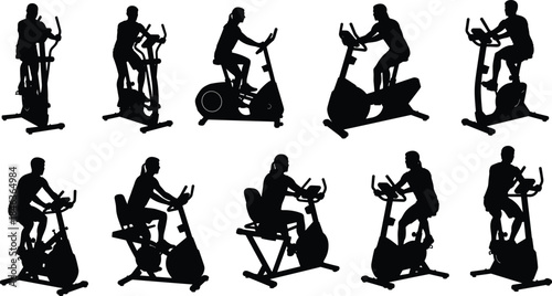 Gym fitness silhouettes collection showing people exercising on stationary bikes isolated on white background, indoor workout sport vector illustration set