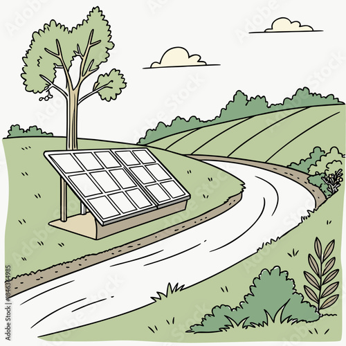 Solar station beside small river in rural area with tree