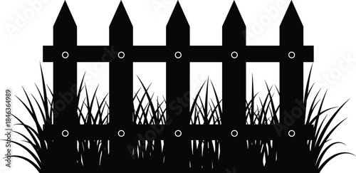 Garden fence silhouette illustration featuring wooden picket fence with grass isolated on white background, outdoor landscaping black vector design element