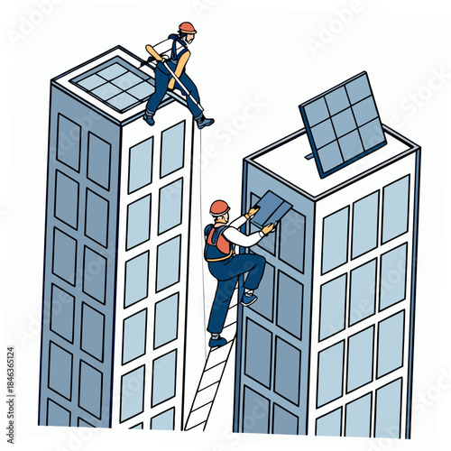 Workers installing solar panels on tall buildings installation