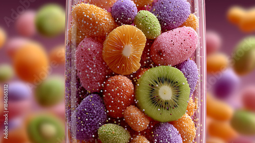 Neon holographic smoothie ingredients floating in glowing digital environment, modern nutrition science and health innovation generated AI