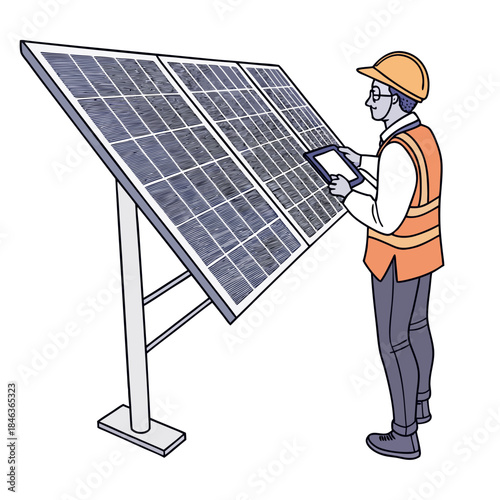 Engineer checking large solar grid with handheld device 1