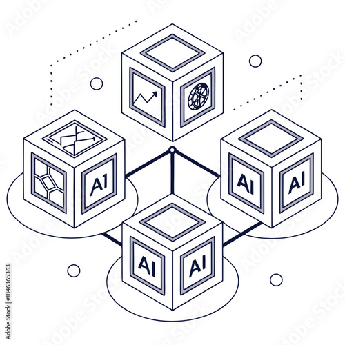 Interconnected ai cubes with finance and technology symbols glowing softly