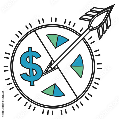 Arrow piercing dollar sign in financial chart pie charts