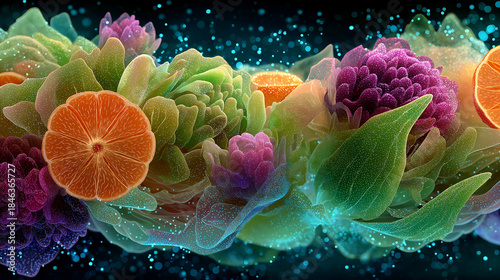 Abstract glowing neon salad with floating vegetables and holographic elements, futuristic healthy eating and digital nutrition concept generated AI