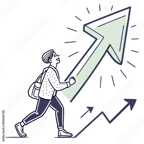 Person pushing large glowing green arrow indicating economic growth trajectory