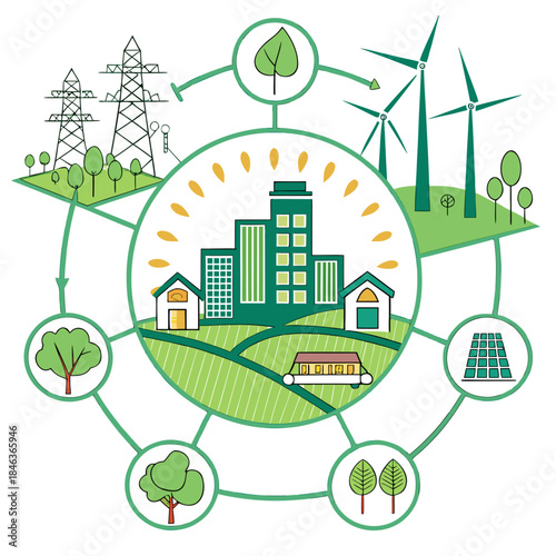 Green city surrounded by renewable energy sources and nature